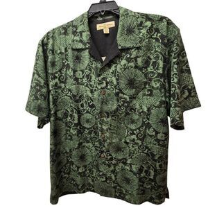 Tommy Bahama Mens Silk Tropical Button-up Hawaiian Camp Shirt Green Black Medium